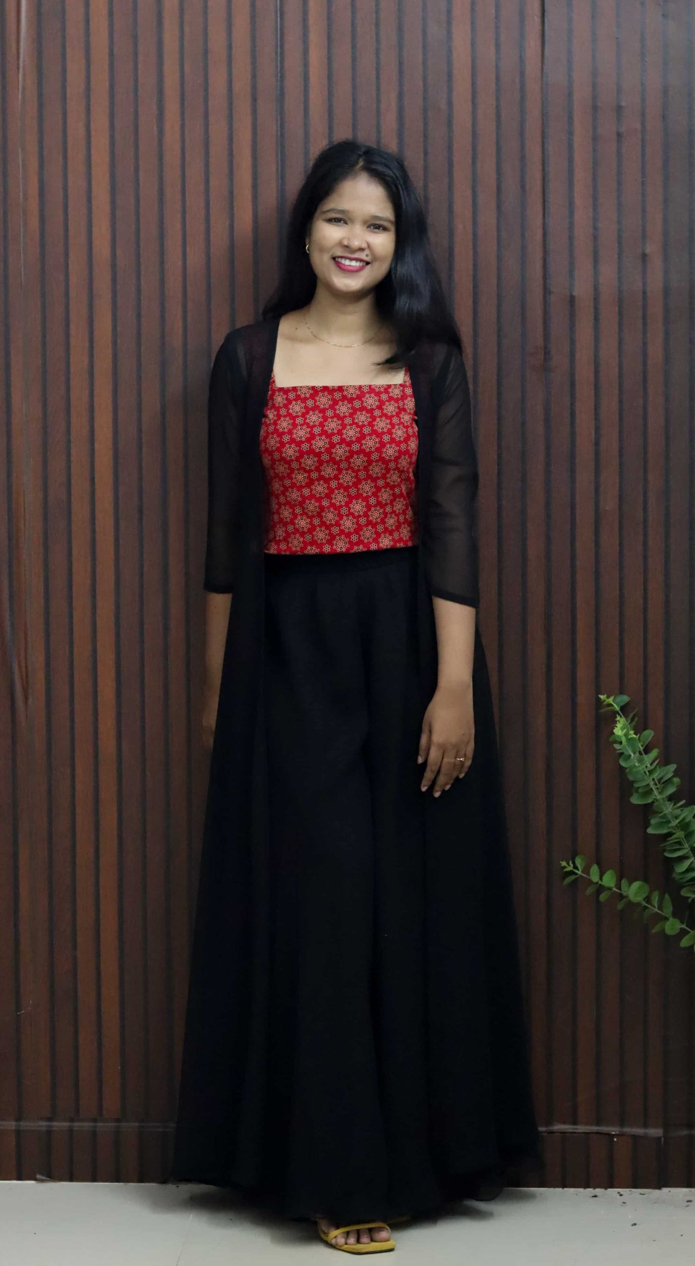 IMG_8935.jpg Elegant Black Georgette Palazzo Set with Ajrak Crop Top & Sheer Overcoat - Image 1