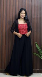 Elegant Black Georgette Palazzo Set with Ajrak Crop Top & Sheer Overcoat - Image 3