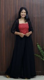 Elegant Black Georgette Palazzo Set with Ajrak Crop Top & Sheer Overcoat - Image 4