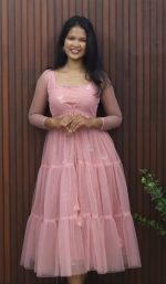 Pastel Pink Net A-Line Frock with Flared Overcoat Set - Image 3