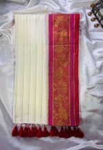 Royal Pink Border Mul Cotton Saree with Woven Floral Design - Image 3