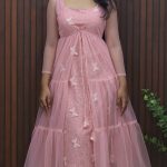 Pastel Pink Net A-Line Frock with Flared Overcoat Set