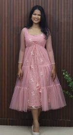 Pastel Pink Net A-Line Frock with Flared Overcoat Set
