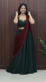 Elegant Handworked Crop Top & Skirt Set with Draped Dupatta - Image 2