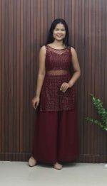Elegant Georgette Crop Top, Palazzo & Overcoat – Three Piece Set - Image 3
