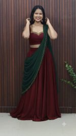 Elegant Handworked Crop Top & Skirt Set with Draped Dupatta - Image 4